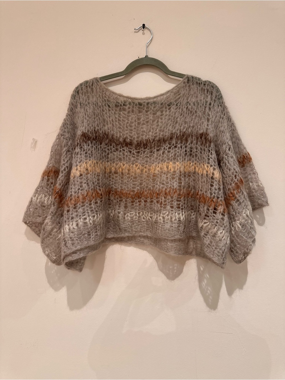 miami Open-Knit Boxy Sweater in Gray with Tan & Cream Stripes